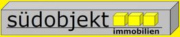 Logo der Firma "südobjekt immobilien" mit grafischen gelben Würfeln auf grauem Hintergrund.