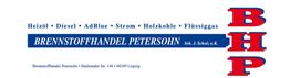 Brennstoffhandel Petersohn Logo mit Leistungen: Heizöl, Diesel, AdBlue, Strom, Holzkohle, Flüssiggas.