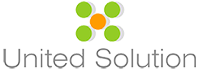 Logo with green and orange shapes above the words "United Solution."