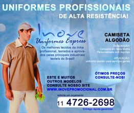 Homem com uniforme marrom claro, título sobre uniformes profissionais de alta resistência.