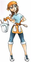 Donna animata con secchio e scopino, vestita con tuta blu e grembiule arancione.