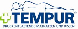 TEMPUR-Logo mit Kontur einer liegenden Person. Text: "Druckentlastende Matratzen und Kissen".