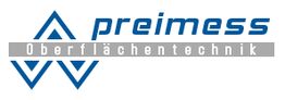 Logo mit blauen Dreiecken, Text: "preimess Oberflächentechnik".