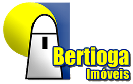 Logotipo com um farol branco, sol amarelo e texto "Bertioga Imóveis" em azul e amarelo.