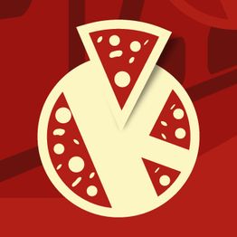 Pizza dibujada en tonos rojos y crema con un fondo rojo oscuro.