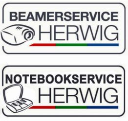 Logos: Oben "Beamer Service Herwig", unten "Notebook Service Herwig", mit Geräte-Symbolen.
