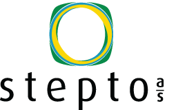 Logo med flerfarvet cirkel og teksten "stepto".