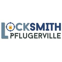 Text logo: Locksmith Pflugerville with a padlock inside the letter "O".