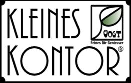 Logo mit Schriftzug "Kleines Kontor" und Blatt-Design, darunter "Feines für Genießer".