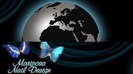 Karte der Weltkugel, zwei blaue Schmetterlinge und der Text „Mariposa Nail Design“.