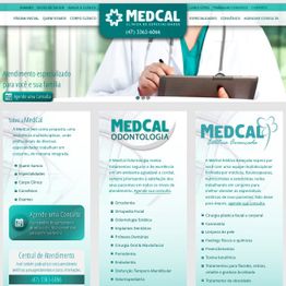 Captura de tela do site da MedCal, clínica médica e odontológica, com agendamento e serviços.