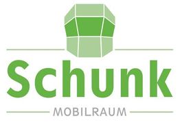 Logo mit grünem Würfel und Schriftzug "Schunk Mobilraum" in Grün und Grau.