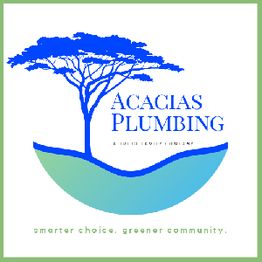 Blue tree logo for "Acacias Plumbing" with tagline "Smarter choice, greener community."