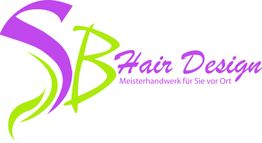 Logo von SB Hair Design in lila und grün mit dem Slogan "Meisterhandwerk für Sie vor Ort".