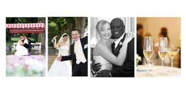 Vier Hochzeitsfotos: Paare posieren glücklich, Sektgläser im Vordergrund.