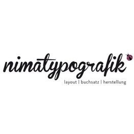 "Logo von 'nimatypografik' mit Marienkäfer-Symbol. Text: layout | satz | herstellung."