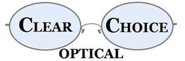 Logo of Clear Choice Optical with text in eyeglass-shaped design.