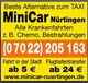 Gelbes Minicar-Werbeschild mit Telefonnummer, Krankenfahrten, Stadttouren ab 5 € und Flughafen.
