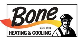 Logo of Bone Heating & Cooling with a stylized flame and a man in a hat, since 1978.