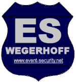 Blaues Schild mit der Aufschrift "ES WEGERHOFF" und Website "www.event-security.net".