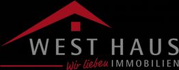 Logo von West Haus mit Slogan „Wir lieben Immobilien“, stilisiertes Hausdach und Quadrat darüber.