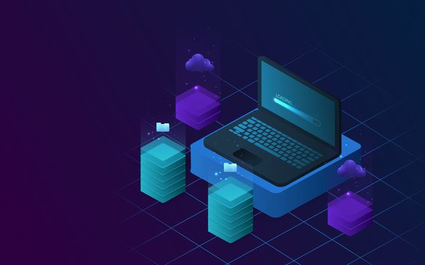 Grafik eines Laptops auf einem dunkelblauen Hintergrund. Um den Laptop herum wurden mehrere verschiedene Sprachsysteme dargestellt, um eine optimale online Struktur aufzuzeigen.