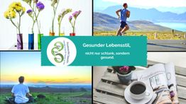 Person joggt, meditiert und genießt Kaffee. Text: "Gesunder Lebensstil, nicht nur schlank, gesund."