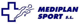 Logotipo con una cruz, figura corriendo y texto: "Mediplan Sport S.L." en azul.