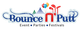 Logo with text "Bounce N' Putt" featuring balloons, swirls, and the words "Event Parties Festivals."