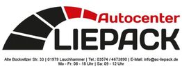 Logo von Autocenter Liepack mit Kontaktinformationen und Öffnungszeiten.