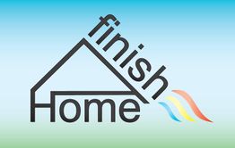 Tekst "finish Home" met huisvorm en gekleurde strepen, op blauwe achtergrond.