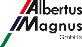 Logo der Albertus Magnus GmbH mit Farblinien in Rot, Blau, Grün.