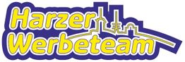 Schriftzug "Harzer Werbeteam" in Gelb mit lila Umriss und stilisiertem Stadtbild im Hintergrund.