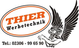 Logo von Thier Werbetechnik mit geflügeltem Löwen und Telefonnummer: 02306 - 99 65 90.