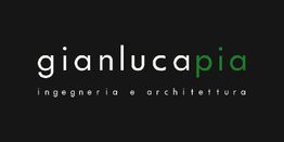 Logo Gianluca Pia, ingegneria e architettura su sfondo nero, testo bianco e verde.