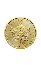 Kanadische Goldmünze mit Ahornblatt, der Schriftzug „FINE GOLD 1 OZ OR PUR“ ist sichtbar.