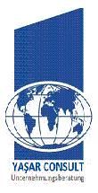 Logo von Yaşar Consult mit Weltkugel vor blauem Hintergrund und Schriftzug "Unternehmensberatung".