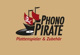 Piratenlogo mit Plattenteller als Schiffsrumpf, Text: "Phono Pirate, Plattenspieler & Zubehör".