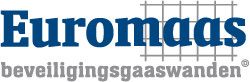 Logo van Euromaas met tekst "beveiligingsgaaswanden" en achtergrond van een gaaspatroon.