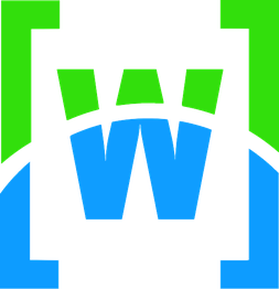 Buchstabe "W" in Blau mit grünem und blauem Hintergrund.