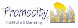 Logo di "Promocity" con skyline cittadino e sole giallo sullo sfondo. Scritta: Pubblicità & Marketing.