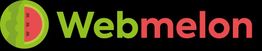 Logo van Webmelon met een groene en rode meloen en de tekst "Webmelon" op een zwarte achtergrond.