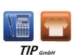 Symbole: links Stift und Taschenrechner, rechts T-Shirt. Darunter Text: "TIP GmbH".