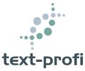 Logo mit Schriftzug "text-profi" und Muster aus Punkten in verschiedenen Blau- und Grüntönen.