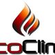 Logo "EcoClima" con fiamma stilizzata arancione e testo nero e rosso.