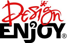 Design- und Enjoy-Logo in rot und schwarz, mit markanter Typografie und stilisiertem Punkt.