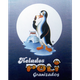 Pingüino comiendo helado con iglú; texto: "Helados Poli Granizados".