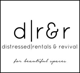 Logo with text: "d|r&r distressed rentals & revival for beautiful spaces" in black on white background.