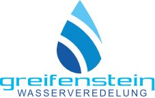 Blaues Wassertropfen-Logo mit Schriftzug "greifenstein WASSERVEREDELUNG" darunter.