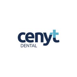 Logo de "Cenyt Dental" con diseño en letras azules y cruz turquesa sobre la "t".
